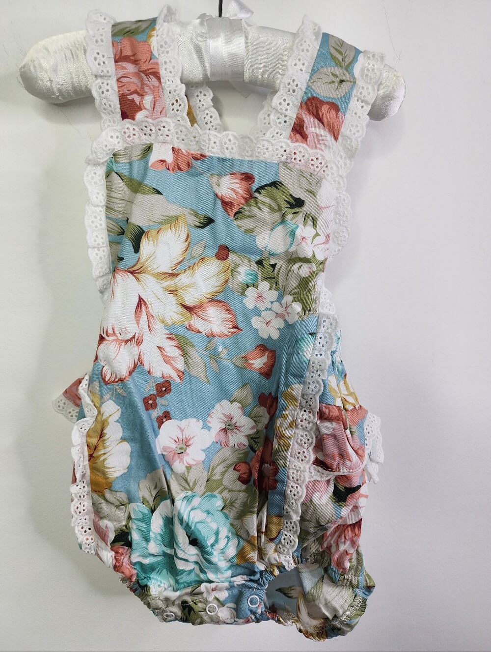 Pink & Blue Floral Lace Eyelet Ruffle Romper, 12-18M